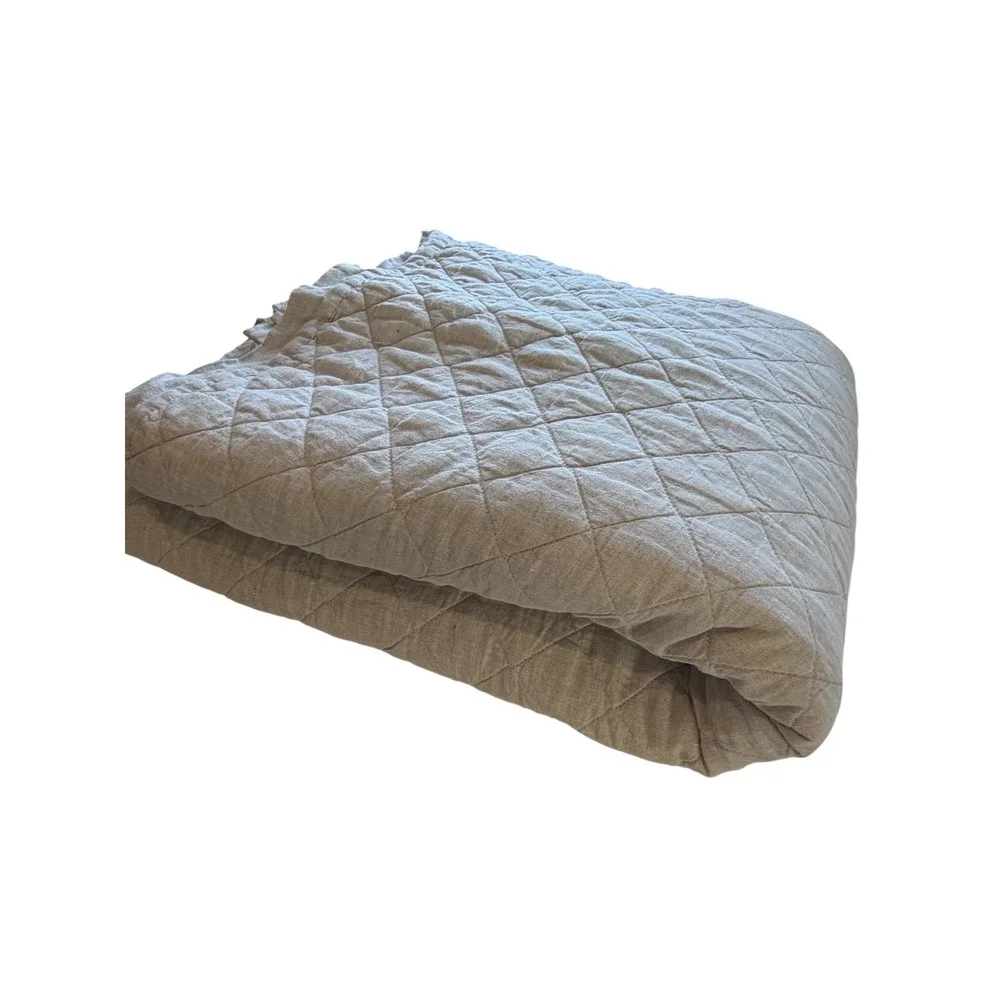Unbranded Oatmeal Quilted Linen Coverlet Full, Neutral Diamond Stitch Linen